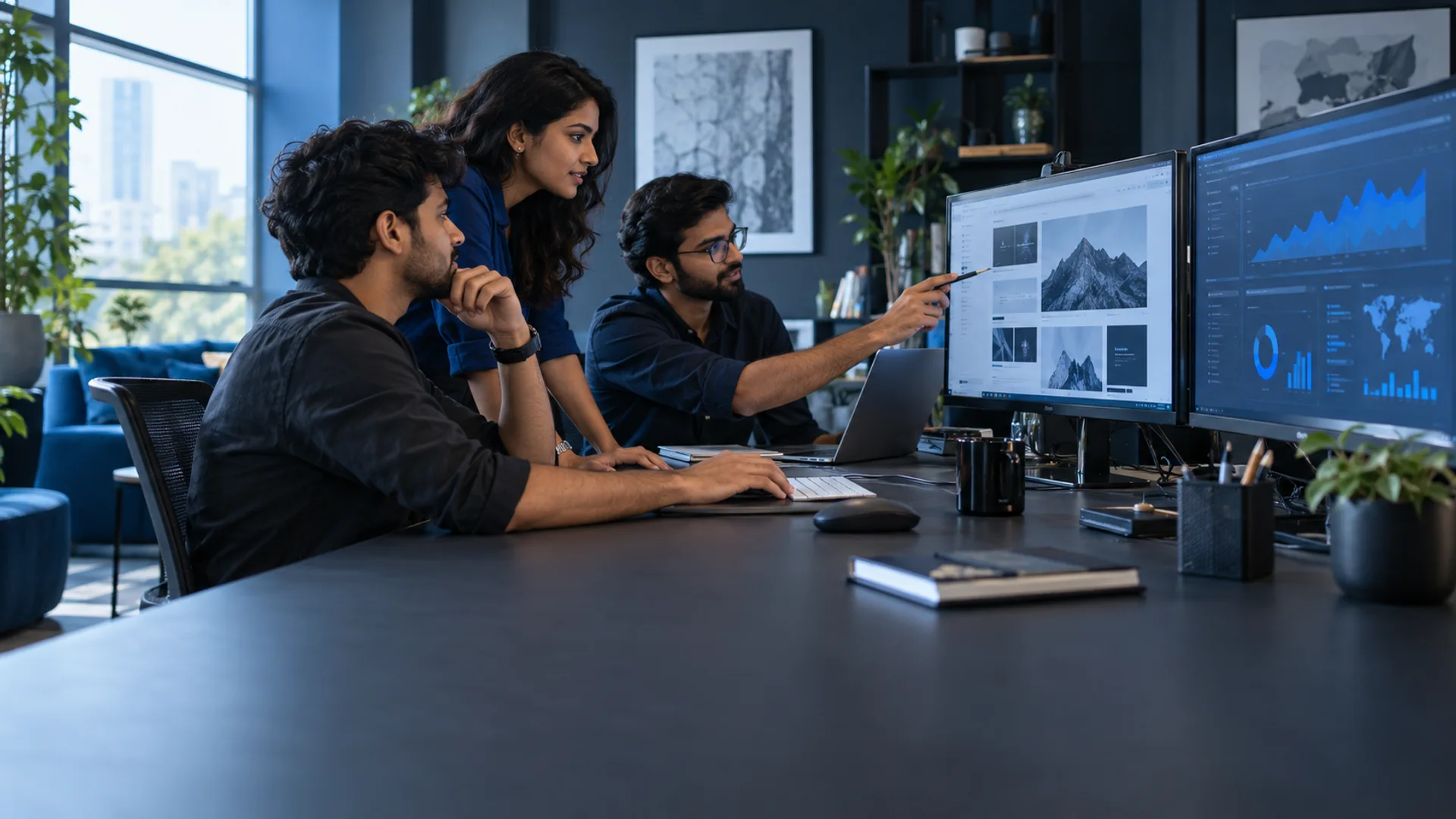 Designers and developers collaborating on website layouts and digital analytics in a modern studio
