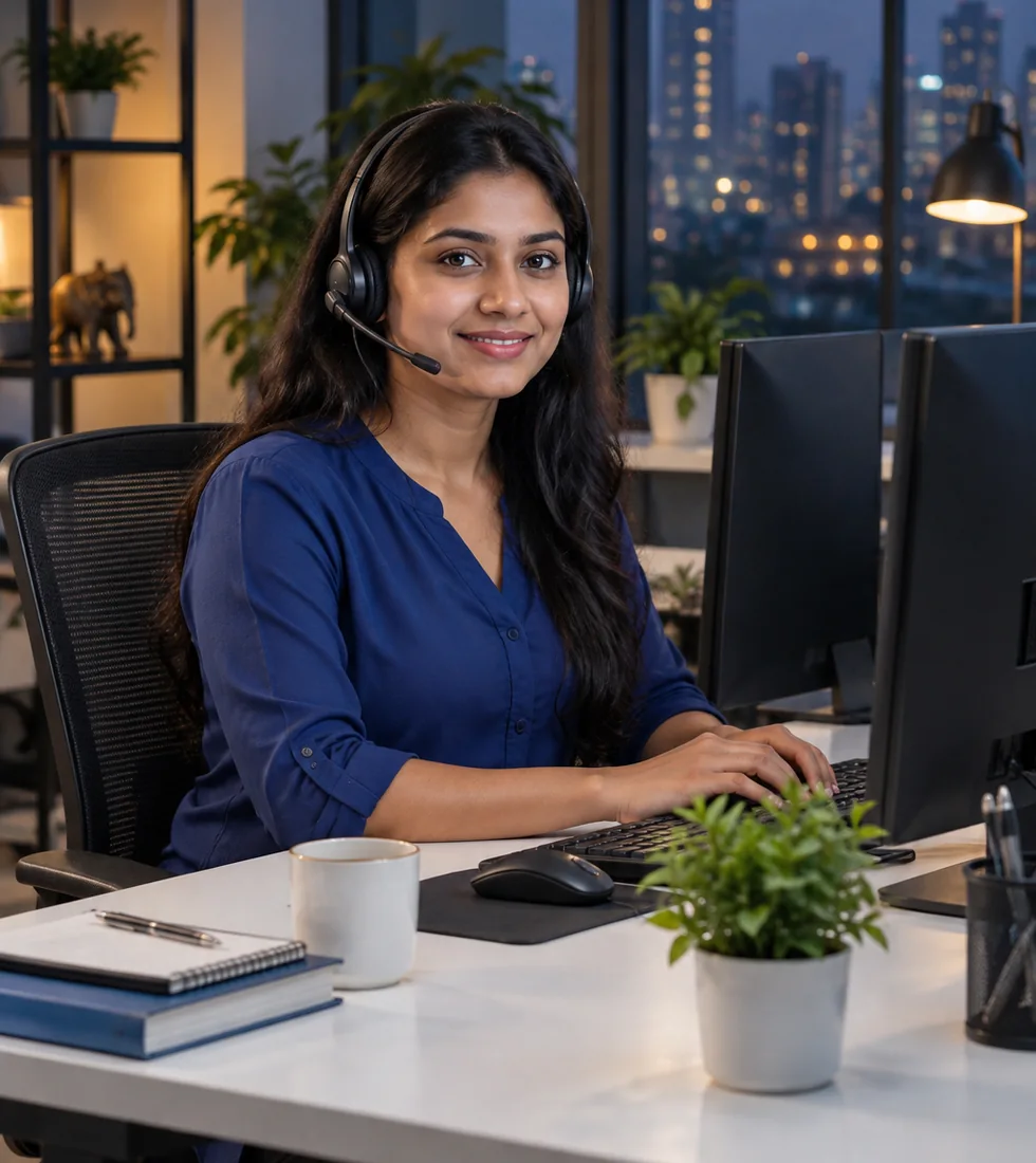 Support specialist assisting customers at a workstation